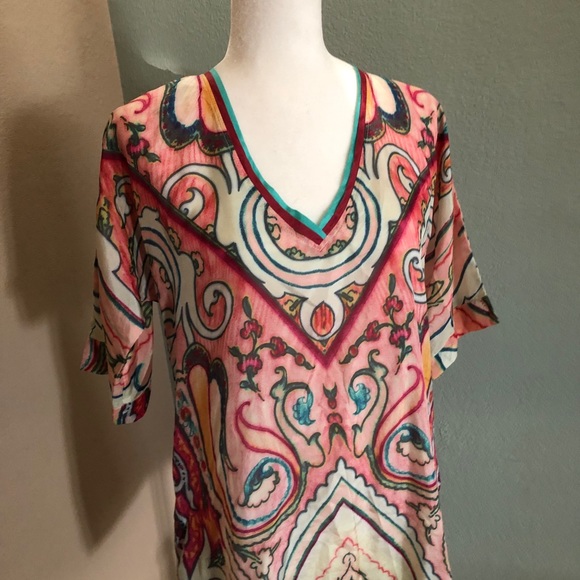 Johnny Was silk colorful V-neck tunic - Picture 4 of 8